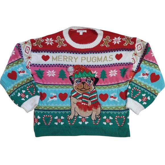 Holiday Ugly Christmas Sweater Women's Red Pug Dog Puppy 3D Merry Pugmas 2X NWT - Picture 1 of 5